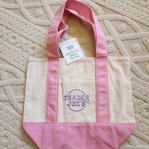 Trader Joe's PINK Mini Pastel Canvas Tote Bag - Pink & Cream